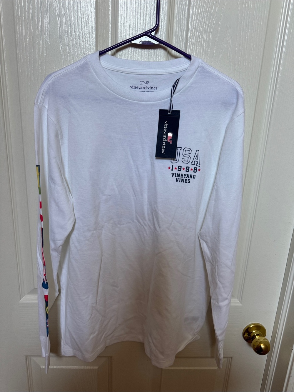Vineyard Vines White Long Sleeve USA Graphic Tee with Flag Sleeve Accents